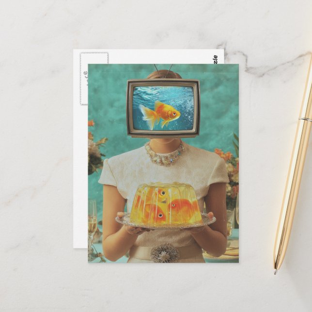 Die Retro-Fisch-Gelatine-Dinnerin Postkarte (Vorderseite/Rückseite Beispiel)
