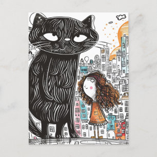 Die Riesenkatze und das Mädchen in der Stadt Postkarte