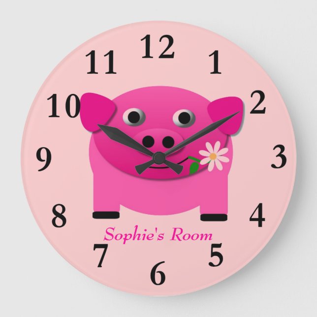 Die rosa Schweineklemme des Mädchens Personalisier Große Wanduhr (Vorderseite)