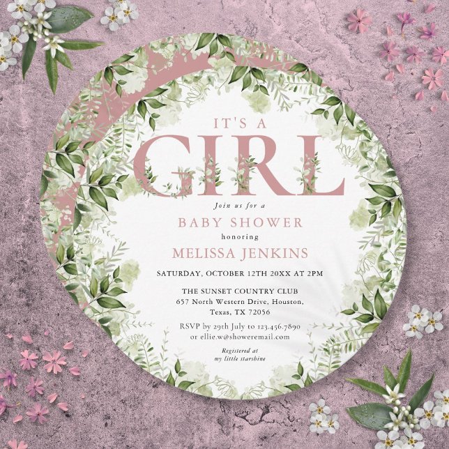 Die Rose Dusty Greenery Baby Dusche Einladung (Its A Girl Greenery Dusty Rose Letter Baby Shower Invitation)