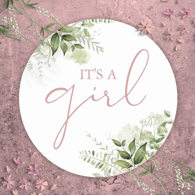 Die Rose Greenerity Baby Dusche ist ein Gaumen Runder Aufkleber (Its A Girl Dusty Rose Greenery Baby Shower Favor Classic Round Sticker)