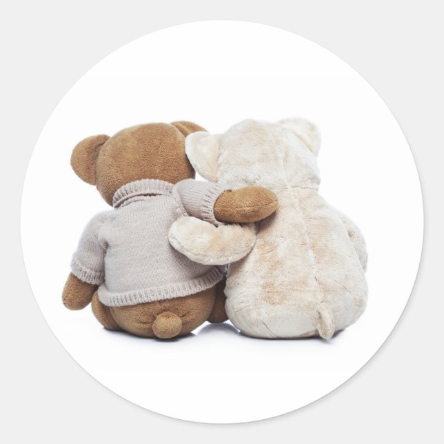 Die Rückseite zweier Teddy-Bären umarmt sich Runder Aufkleber (Vorderseite)
