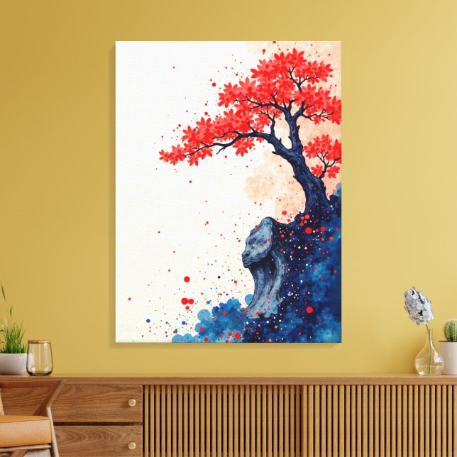 Die Ruhe in Rot: Bonsai auf der Klippe Leinwanddruck (Insitu (Wohnzimmer))