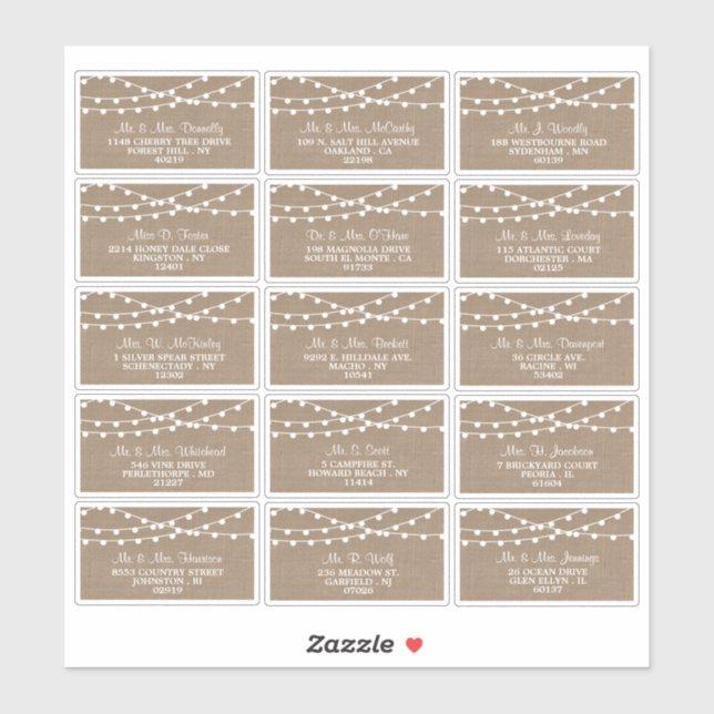 Die rustikale Hochzeitskollektion der Burlap-Licht Aufkleber (Blatt)