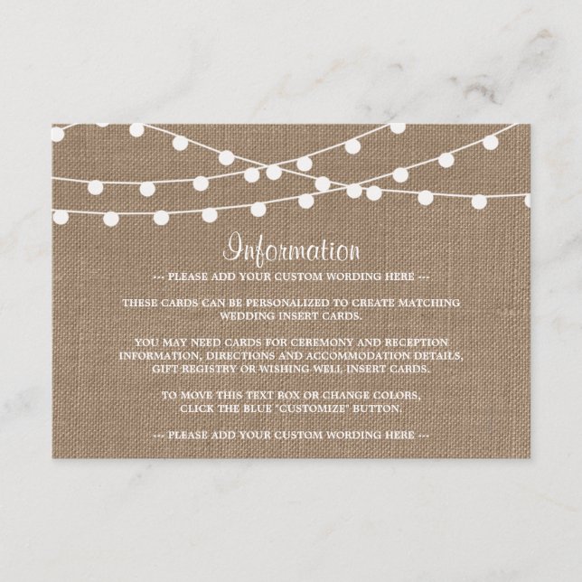 Die rustikale Hochzeitskollektion der Burlap-Licht Begleitkarte (Vorderseite)