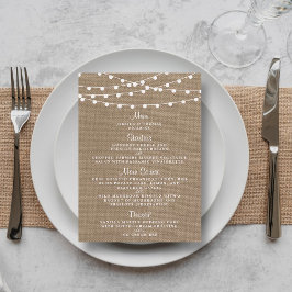 Die rustikale Hochzeitskollektion der Burlap-Licht Menükarte