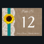 Die rustikale Hochzeitssammlung für Sonnenblumen - Tischnummer<br><div class="desc">Die rustikale Sonnenblumenkollektion ist ein atemberaubendes Design mit einem hübschen rustikalen Burleffekt-Hintergrund und einem romantischen Vintagen Spitzeneffekt, der mit einer atemberaubenden Sonnenblume und aquamarinem grünen Band vervollständigt wird. Diese Tischnummern können für Ihren besondere Anlass personalisiert sein und würden das perfekte Tischzentrums für Ihre Hochzeit, Ihr Brautparty, Ihre Verlobungsfeier, Ihre Geburtstagsparty...</div>