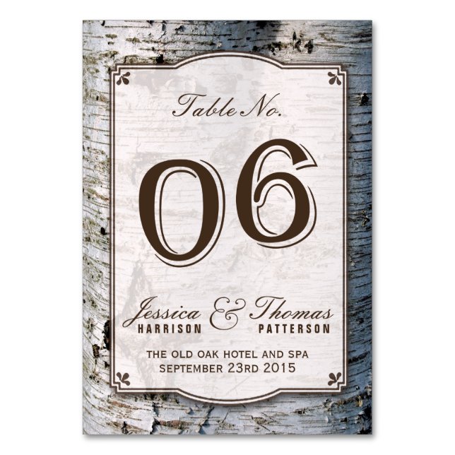 Die rustikale Silberbaum-Hochzeitskollektion 06 Tischnummer (Vorderseite)
