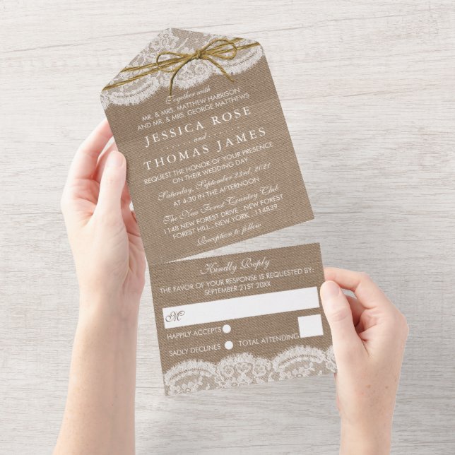 Die rustikale Twine Bow Wedding Collection All In One Einladung (Abreißen)