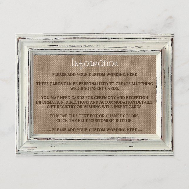 Die rustikale White Frame & Burlap Wedding Collect Begleitkarte (Vorderseite)