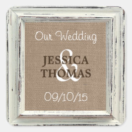 Die rustikale White Frame & Burlap Wedding Collect Quadratischer Aufkleber