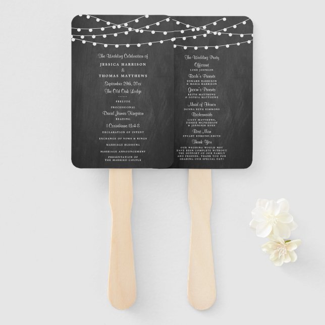 Die Saitenleuchten auf der Chalkboard-Hochzeitssam Fächer (Vorne und Hinten)