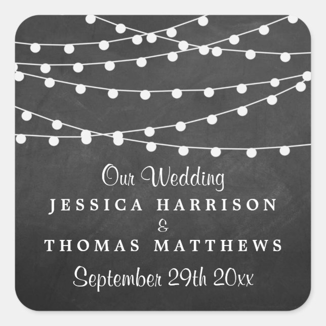 Die Saitenleuchten auf der Chalkboard-Hochzeitssam Quadratischer Aufkleber (Vorderseite)