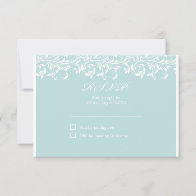 Die Sarah Jane hellblau-weiße Hochzeit RSVP (Vorderseite)