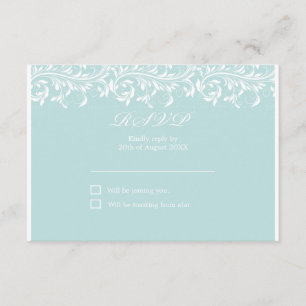Die Sarah Jane hellblau-weiße Hochzeit RSVP Karte