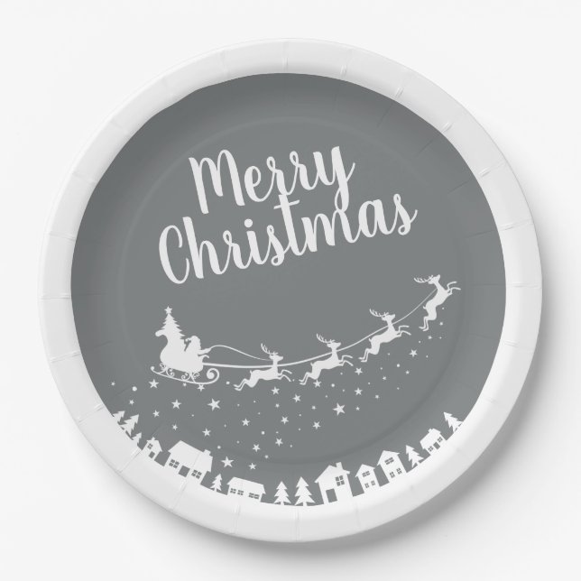 Die Schlittenhütte des Weihnachtsmanns fliegt über Pappteller (Vorderseite)