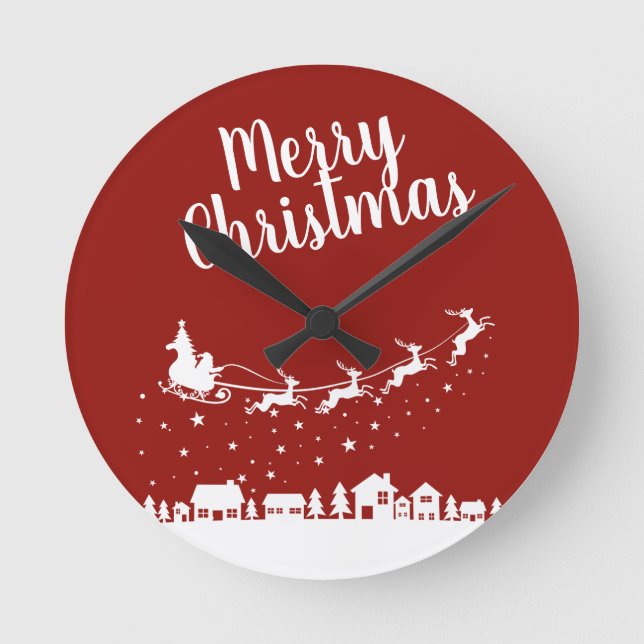 Die Schlittenhütte des Weihnachtsmanns fliegt über Runde Wanduhr (Vorderseite)