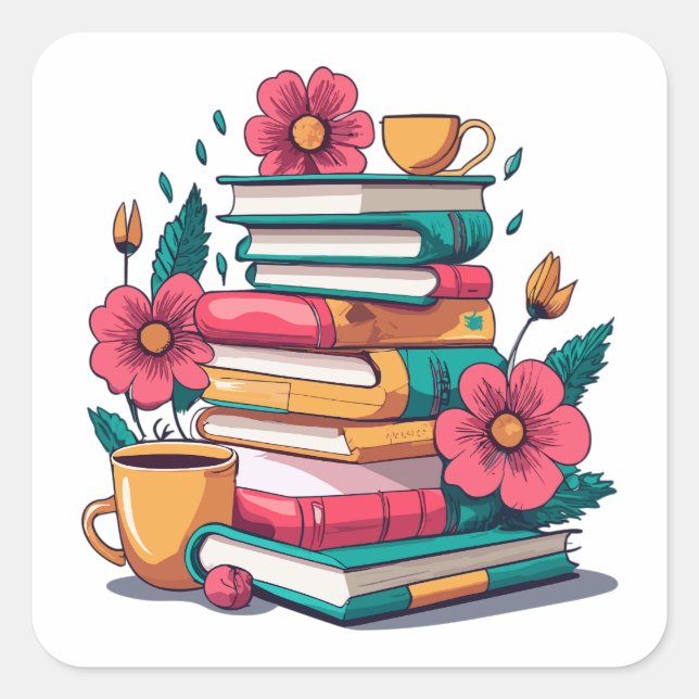 Die Schönheit der Blumenbücher und des Tees Quadratischer Aufkleber (Vorderseite)