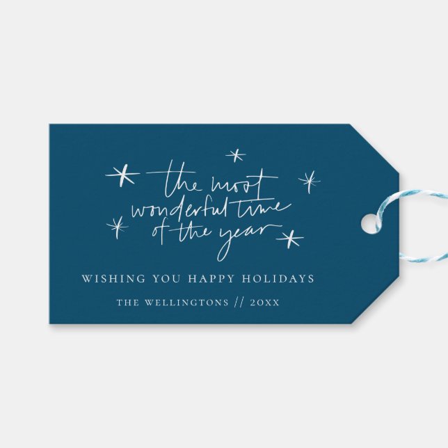 Die schönste Zeit des Jahres Blue Holiday Geschenkanhänger (Vorderseite (Horizontal))