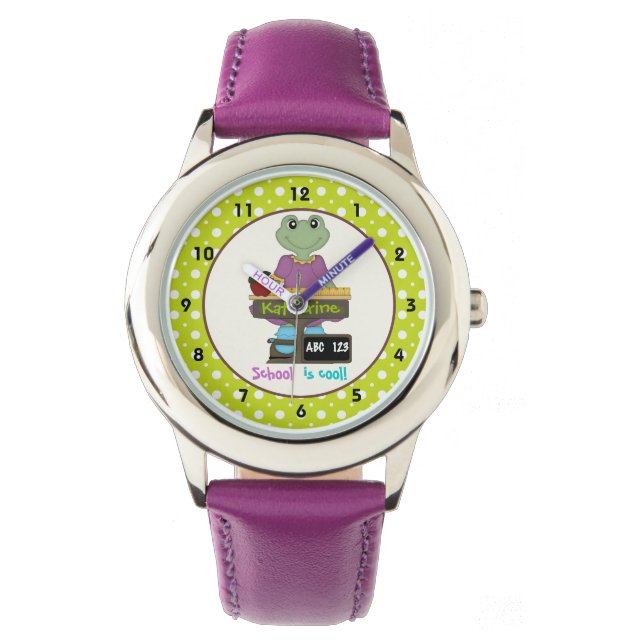 Die Schule ist cool! Frosch an ihrem Schreibtisch  Armbanduhr (Vorderseite)