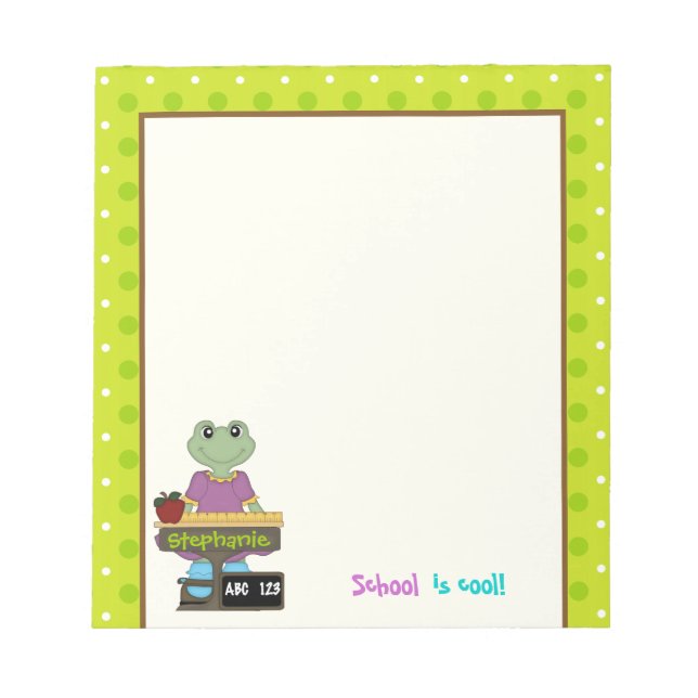 Die Schule ist cool! Frosch an ihrem Schreibtisch  Notizblock (Vorderseite)