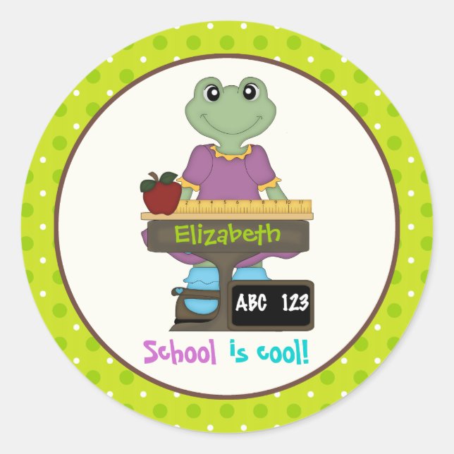 Die Schule ist cool! Frosch an ihrem Schreibtisch  Runder Aufkleber (Vorderseite)