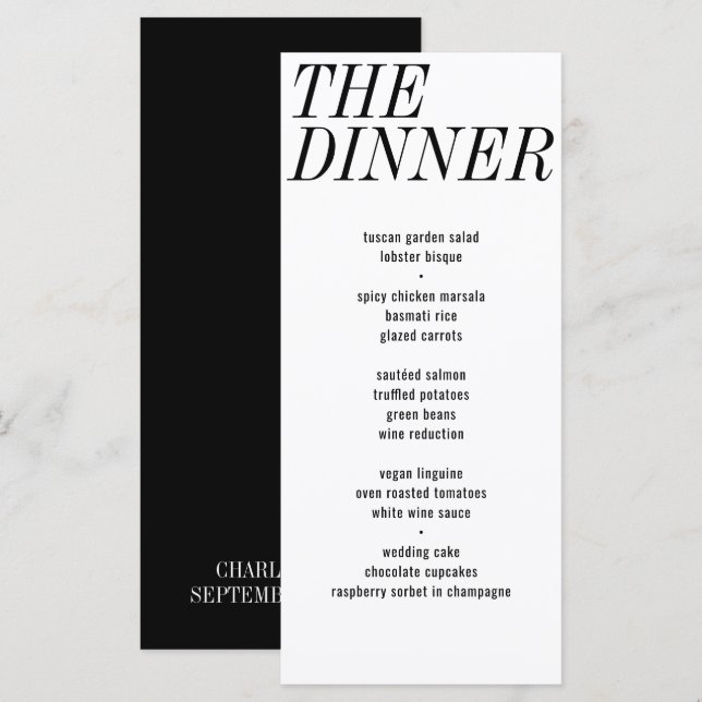 Die Schwarz-weiße Typografie-Hochzeit des Abendess Menükarte (Vorne/Hinten)