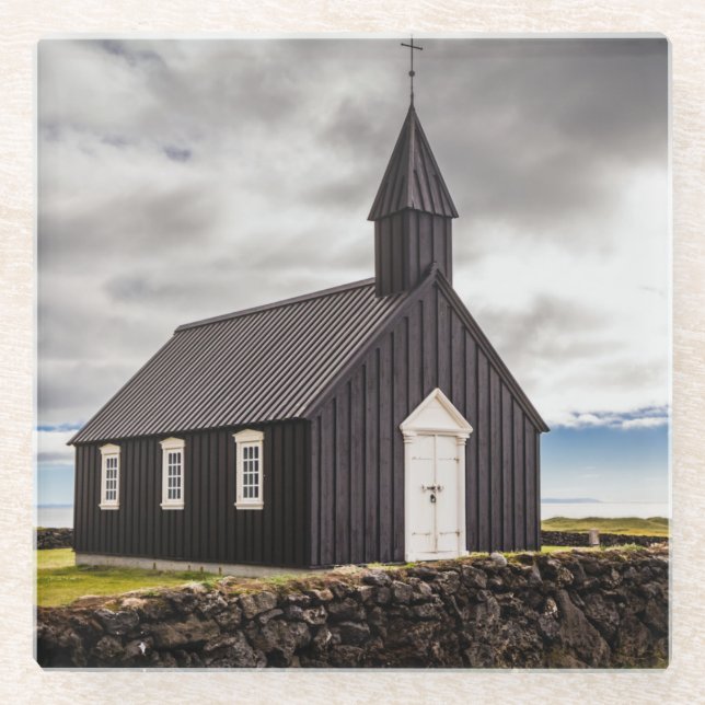 Die Schwarze Kirche Budir, Island Glasuntersetzer (Vorderseite)
