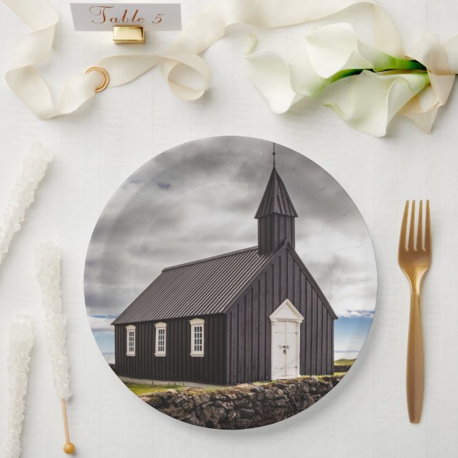 Die Schwarze Kirche Budir, Island Pappteller (Hochzeit)