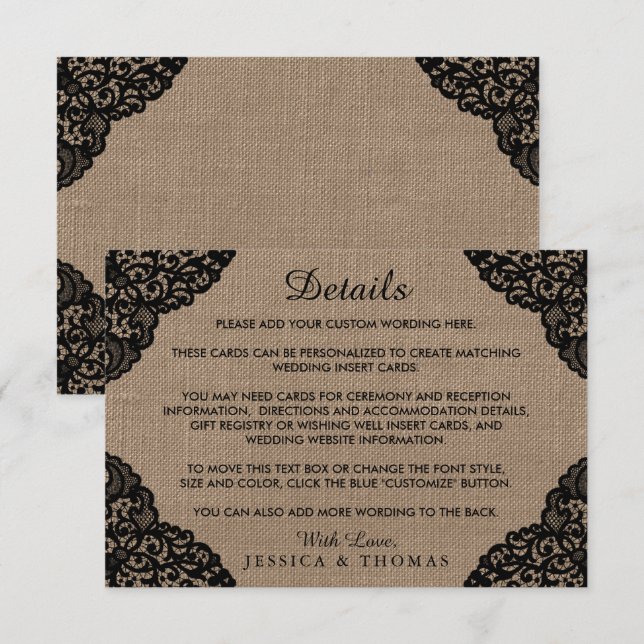 Die schwarze Spitze der rustikalen Hochzeitskollek Begleitkarte (Vorne/Hinten)