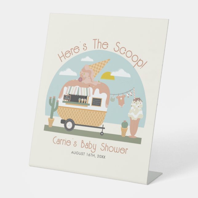Die Scoop Ice Cream Camper Light Pink Baby Dusche Sockelschild (Vorderseite)