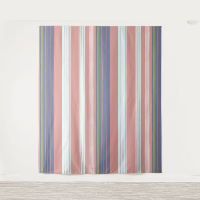 Die senkrechten Streifen sind rosa, blau und olivg Wandteppich (Vorderseite)