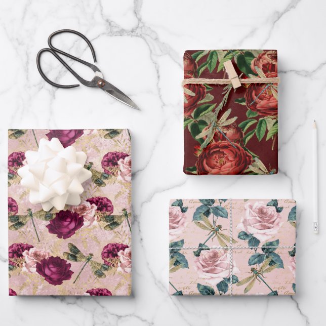 Die Serie Rose und Dragonfly (Design 2) Geschenkpapier Set (Vorderseite)