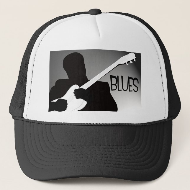 Die Silhouette des Bluesspielers mit einem Truckerkappe (Vorderseite)