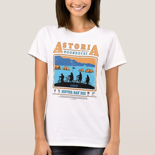 Die Silhouetten der Goonies über Astoria Goondocks T-Shirt (Vorderseite)