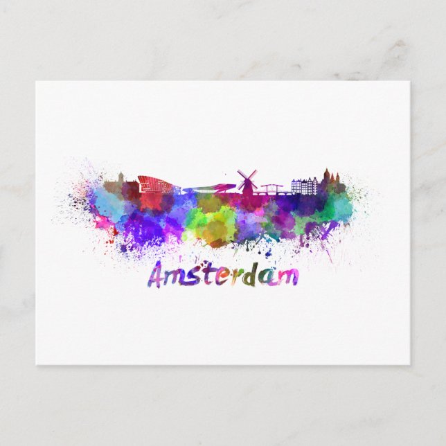 Die Skyline von Amsterdam in Aquarell Postkarte (Vorderseite)