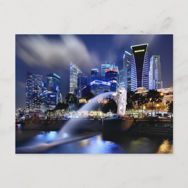 Die Skyline von Merlion und Singapur Postkarte (Vorderseite)