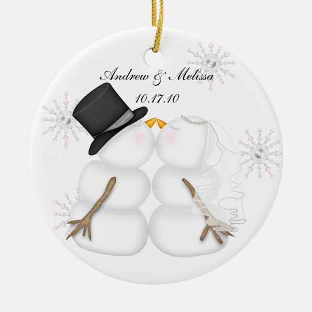 Die Snowmen küssen verheiratet unser erstes Keramik Ornament (Vorne)