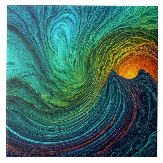 "Die Sonne verschwindet" Abstrakte Fraktal-Waves Fliese (Vorderseite)