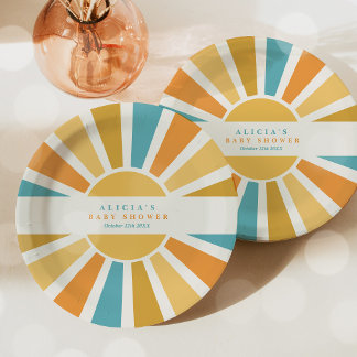 Die sonnengelbe Babydusche kommt hier. Pappteller