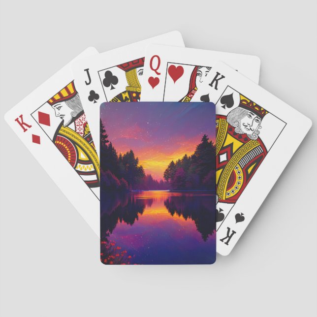 Die Sonnenpalette auf dem See und der bemalten Him Spielkarten (Rückseite)