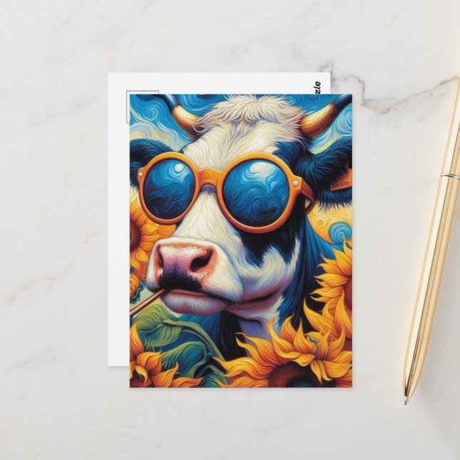 Die sonnige Kuh in der Sonnenbrille auf einem Sonn Postkarte (Vorderseite/Rückseite Beispiel)