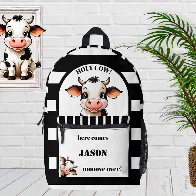 Die sonnige Kuh Niedlich zurück zur Schule Bedruckter Rucksack (Backpack featuring a cute cow on a black and white striped design - back to school)