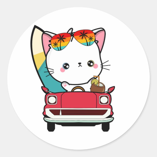 Die sonnige weiße Katze fährt zum Strand Runder Aufkleber (Vorderseite)