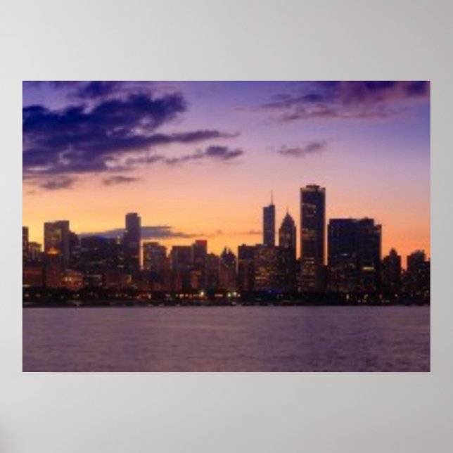 Die sonnigen Sets über der Skyline von Chicago Poster (Vorne)