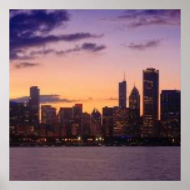 Die sonnigen Sets über der Skyline von Chicago Poster (Vorne)