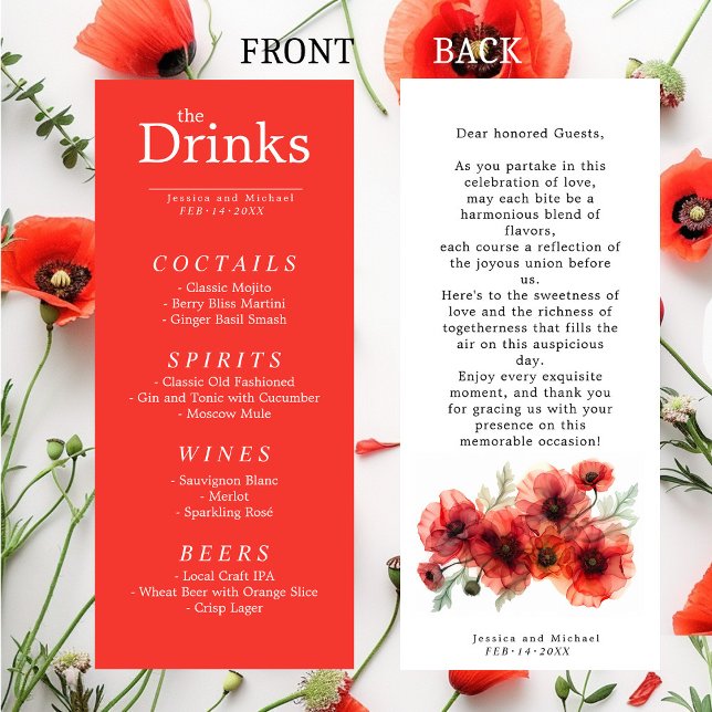 Die Speisekarte des Restaurants Scarlet Petal Sere Menükarte (The DRINK menu card Scarlet Petal Serenade with beautiful red poppies flower.)