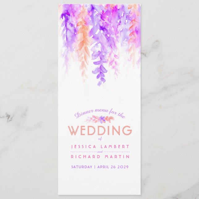 Die Speisekarte mit orangefarbenen Kaskaden und bl Menükarte (Vorderseite)