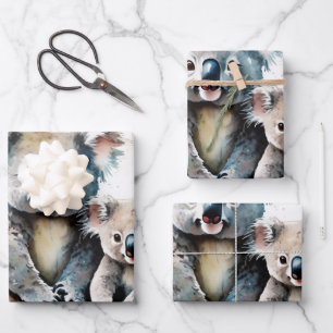 Die spielerische Koala Familie in Aquarellwiese Geschenkpapier Set