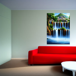 Die Stadt am Wasserfall   AI Art Poster